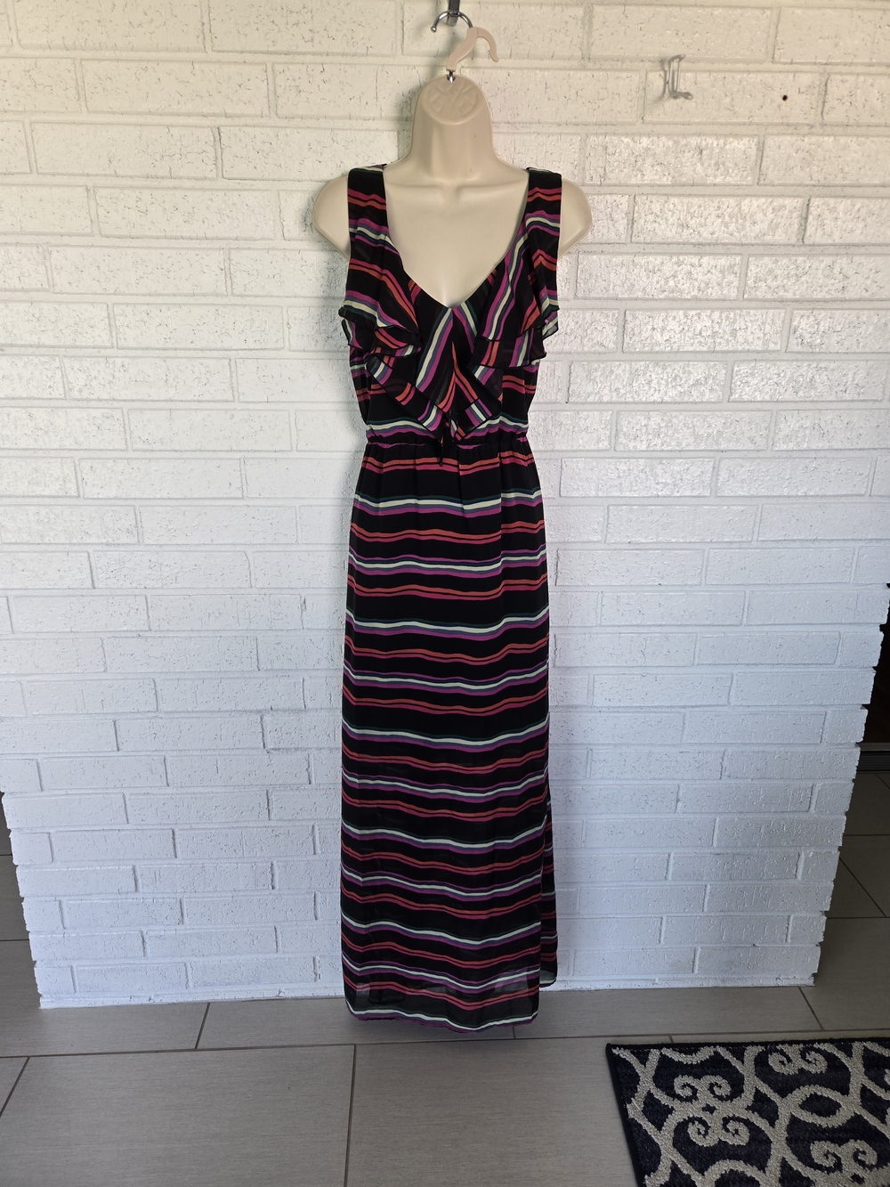 Striped V-Neck Maxi Dress in Black, Pink & Green